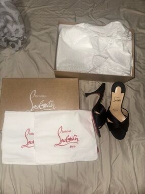 Christian Louboutin Black Satin Crisscross Slide Heels with Red Sole
